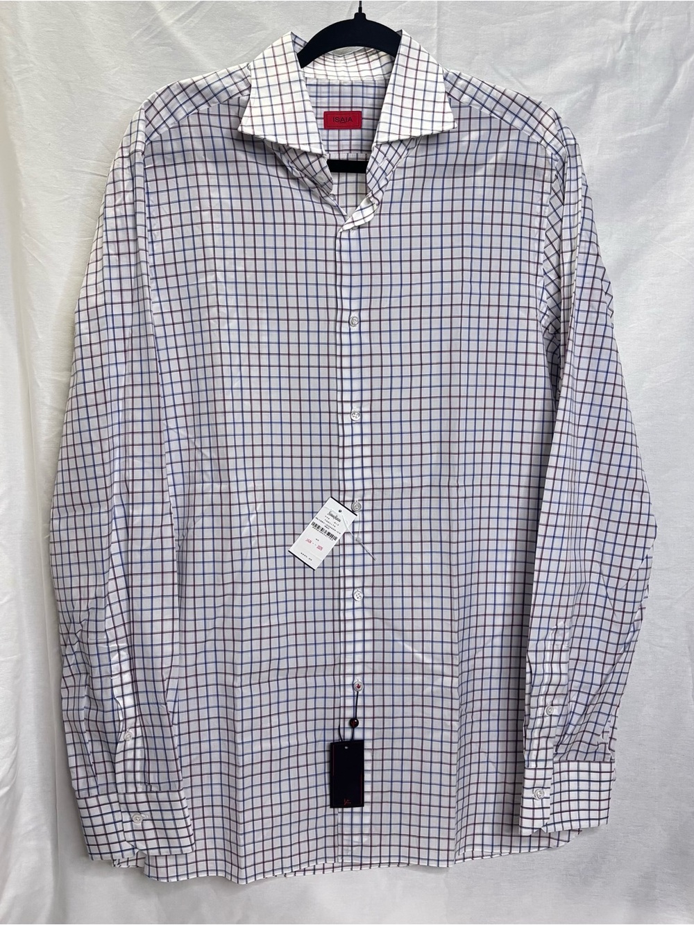 Isaia White Dress Shirt with Blue Windowpane Check Sz 43